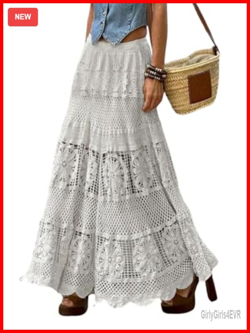 Women's Lace Crochet Knit Maxi Boho A-Line Eyelet Flowy Long Skirt